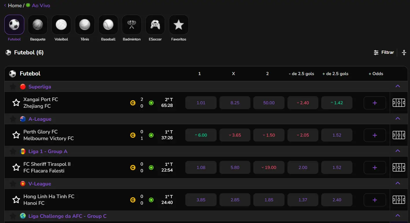 Painel de apostas ao vivo da Betsul Apostas com jogos de futebol e cotações em tempo real