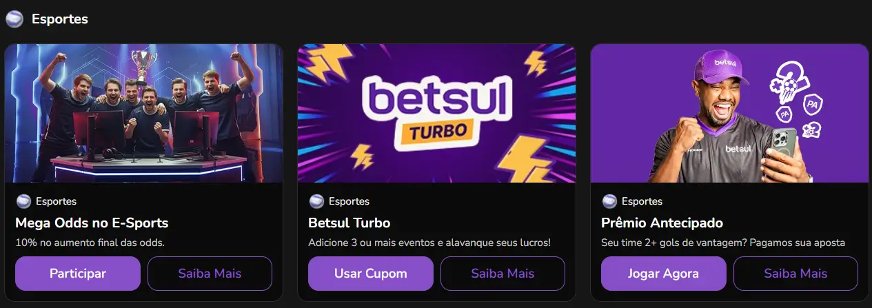 Promoções e bônus esportivos no site Betsul Apostas, incluindo Betsul Turbo e Mega Odds